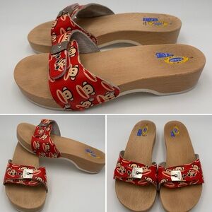 DR SCHOLL'S EXERCISE SANDALS WOODEN Sz 9 VINTAGE JULIAS THE MONKEY SLIDES Y2K
